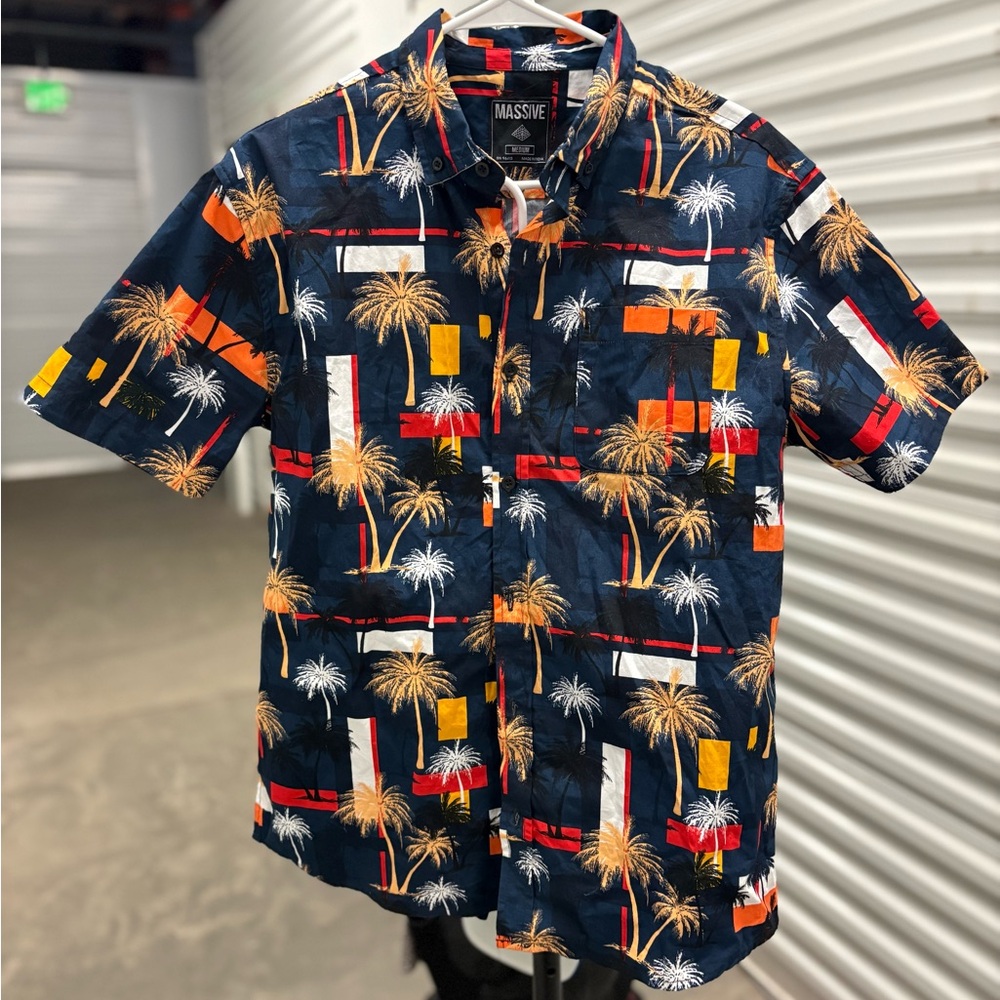 Men's Massive Navy Palm-Print Button Up & Matching Shorts